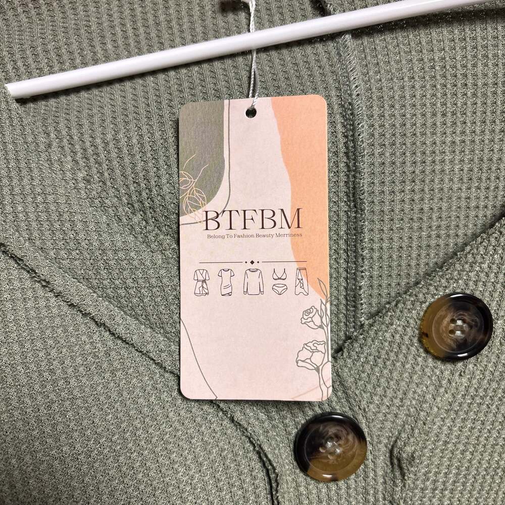 BTFBM Women's Green Waffle Knit V-Neck Long Sleeve Shirt with Decorative Buttons